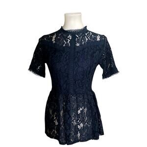 Navy Lace Peplum Top – Sheer Short Sleeve Blouse with Lined Bust & Back Zip